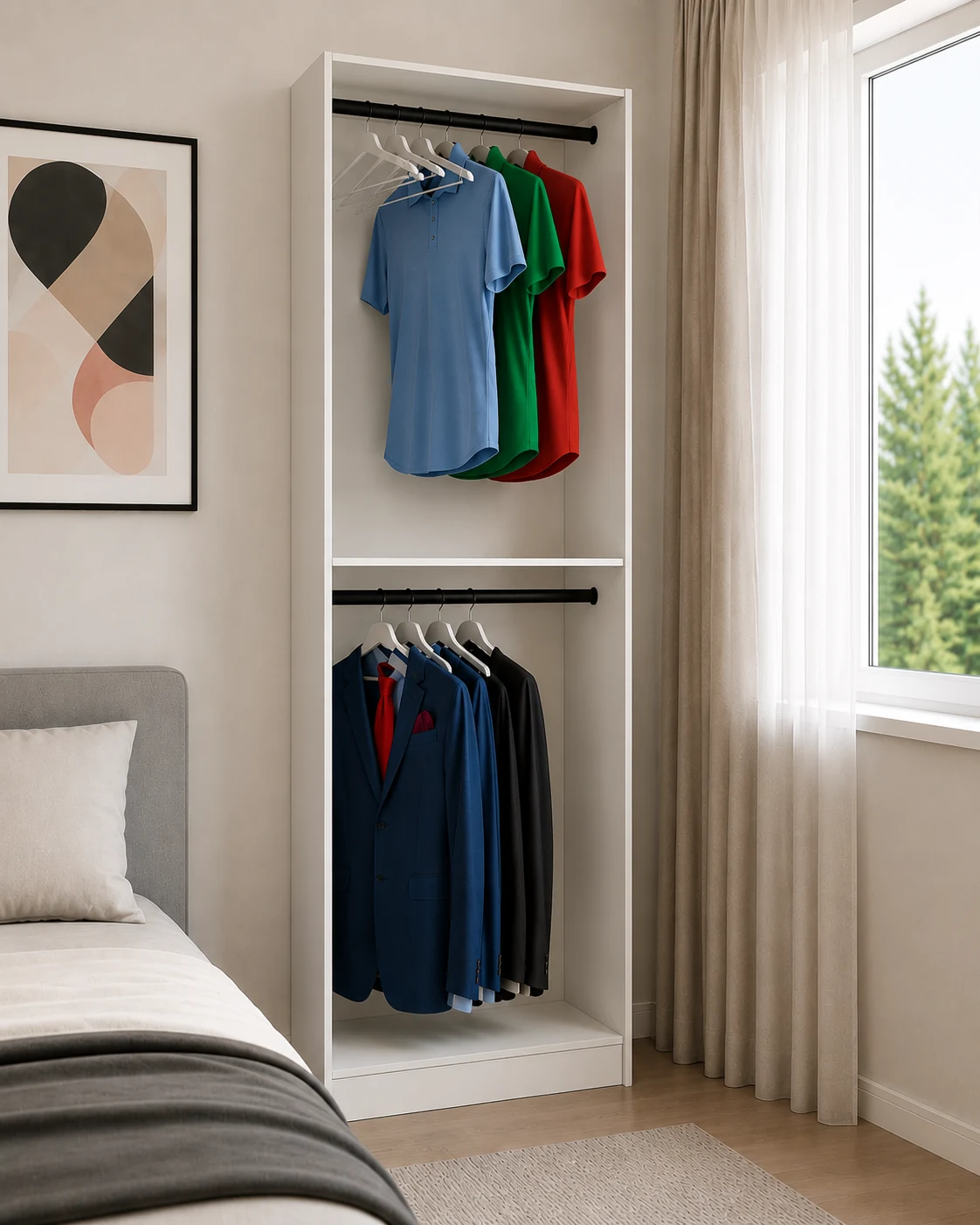 Floor-base closet module with double hanging sections