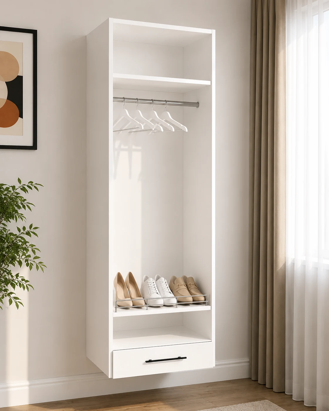 Wall-mounted closet module with hanging rod, shelf and drawer