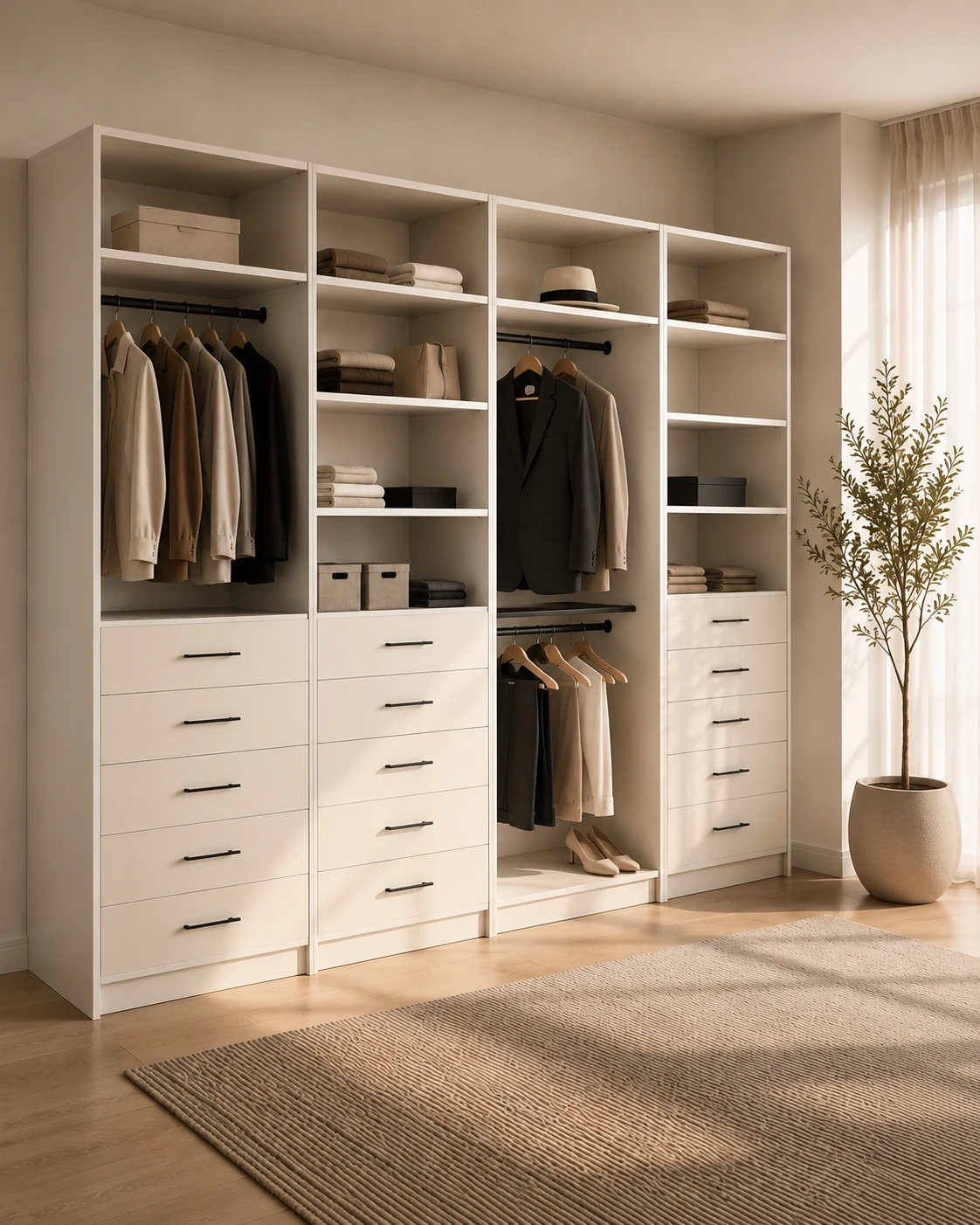 Custom closet module with drawers and shelves