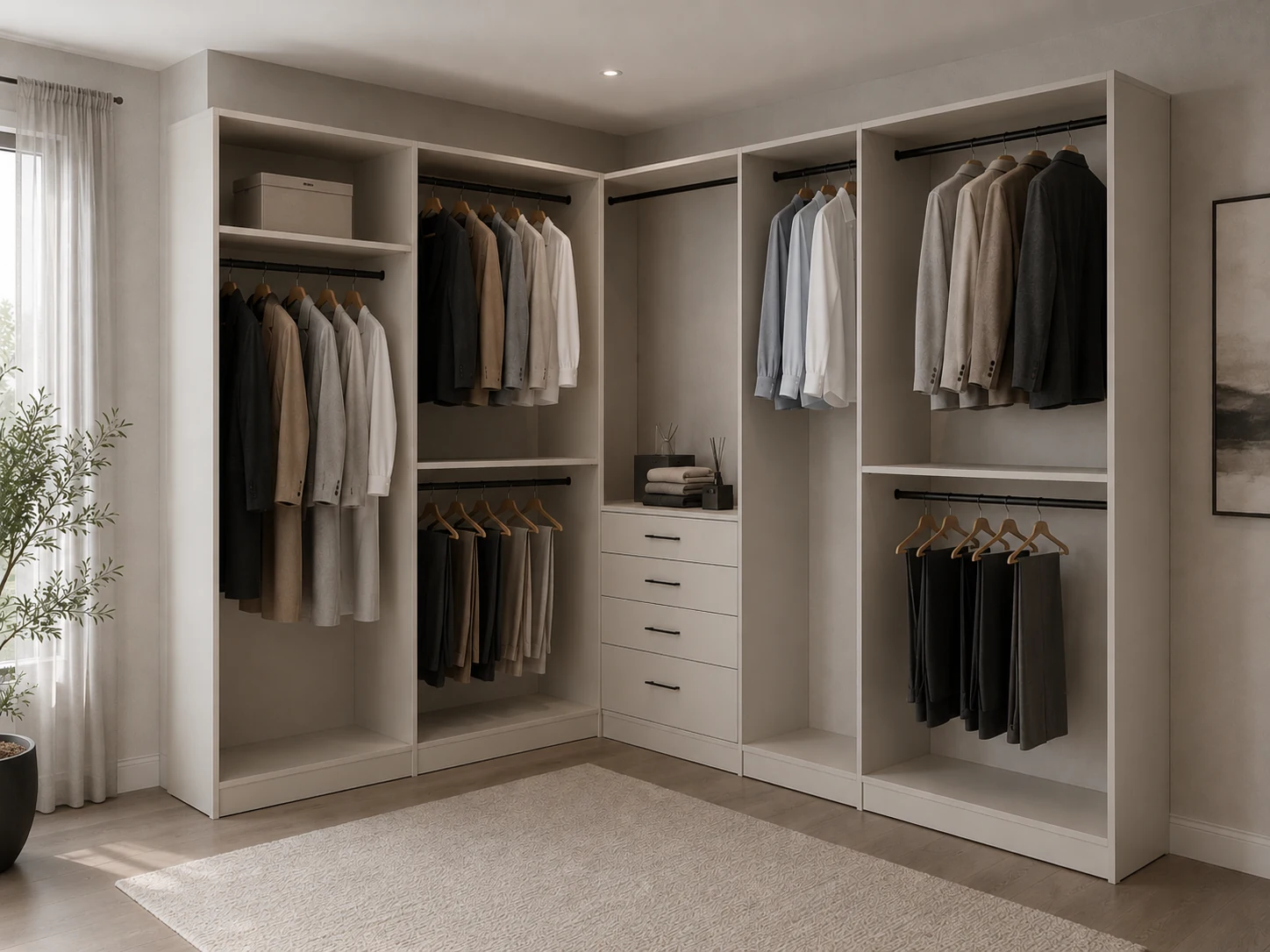 Custom walk-in closet with hanging sections and drawers